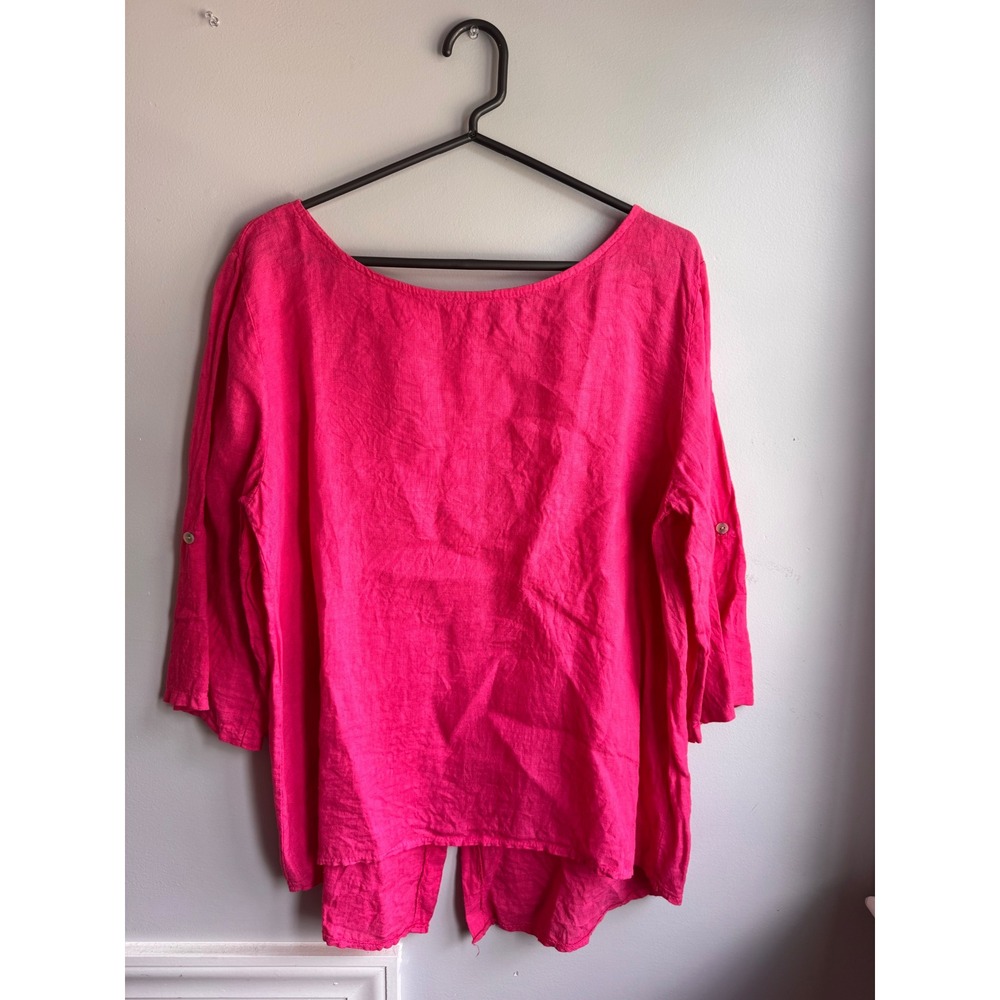 Jelisjelis Made in Italy Hot Pink 100% Linen Button Front Blouse Top